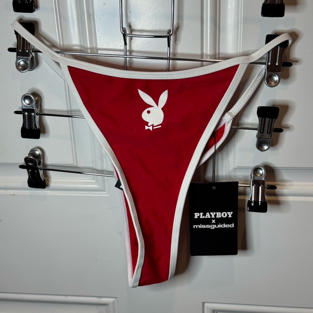 NWT Playboy x Missguided Thong Panties Red White Contrast Piping Size XL